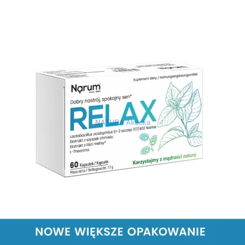 4850016651156 Narum Relax, 60 kapsułek STRES Dobry nastrój spokojny sen Nowe większe opakowanie